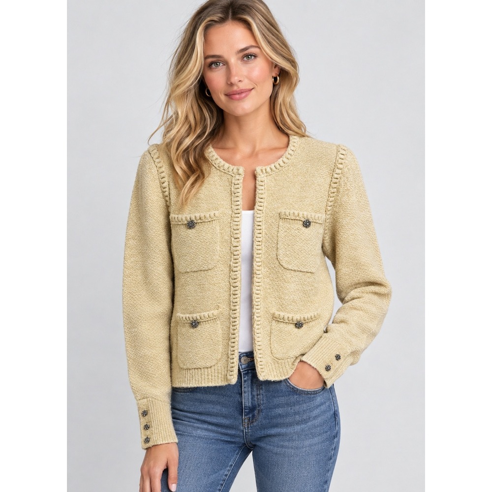 Elie Tahari Cardigan Sweater Women M Rhinestone Button Poce Knit Jacket